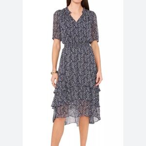 VINCE CAMUTO NWT Blue White Women's Printed Puff Sleeve Tiered Midi Dress Sz L